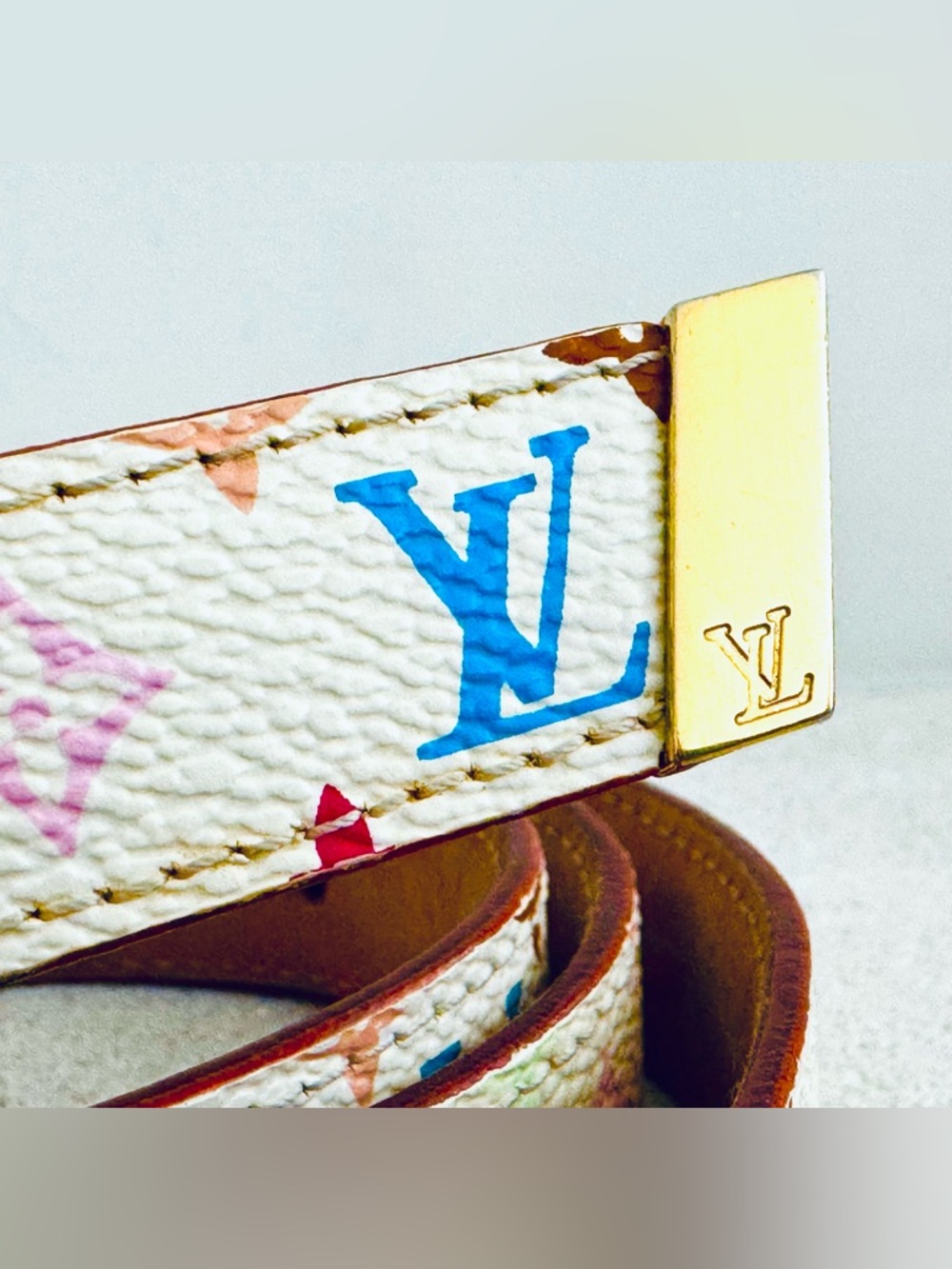 LOUIS VUITTON Murakami Multicolore White Belt Size 80/32 Unisex Gold Buckle - Picture 9 of 12